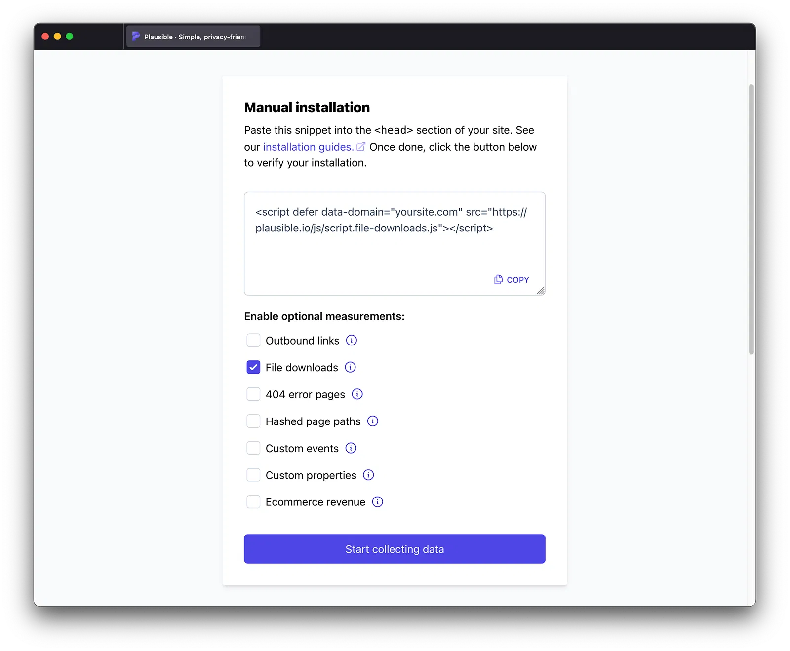 Enabling file downloads tracking in Plausible site settings