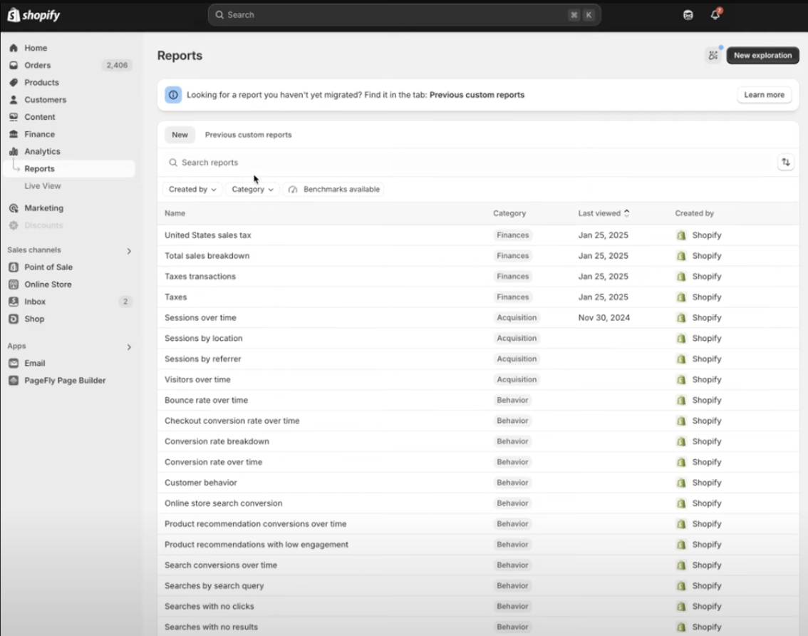 Shopify Analytics reports library Shopify Analytics reports library showing categories including Finances, Acquisition and Behavior